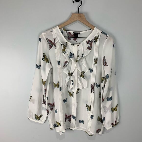 Ann Taylor White Ruffle Front Butterfly Blouse - Picture 2 of 6